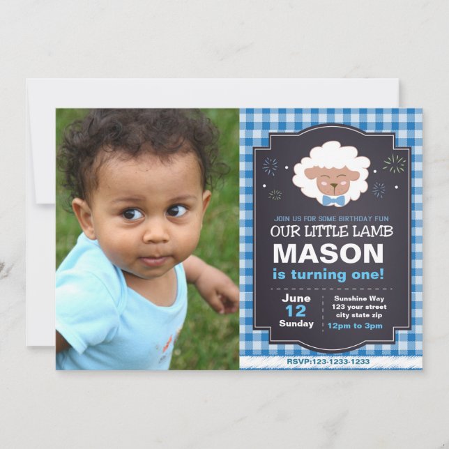 Blaues Lamm zum Geburtstag Einladung mit Foto (Vorderseite)
