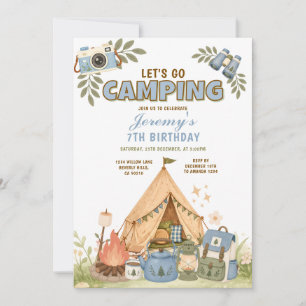 Blaues Lass uns Camping Geburtstag Outdoor-Abenteu Einladung