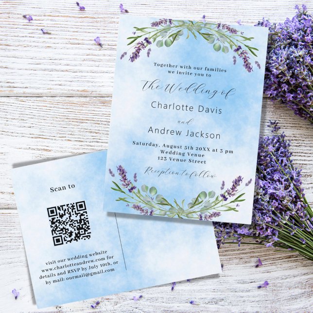 Blaues Lavendel QR Code Hochzeit Einladungspostkarte (Von Creator hochgeladen)