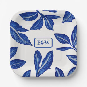 Blaues Leaf-Pottery-Motiv mit gepaarten Initialen Pappteller