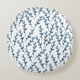 Blaues Leaf-Wasserfarbmuster - Weiß Rundes Kissen