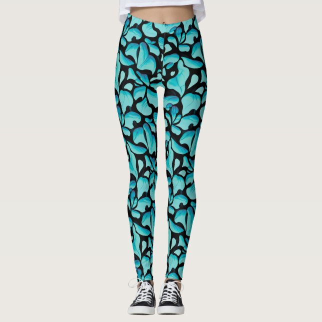 Blaues Leaf-Wiederholmuster Leggings (Vorderseite)