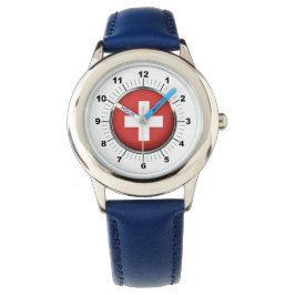 Blaues Leder-Strap-Watch für die Schweizer Flagge Armbanduhr