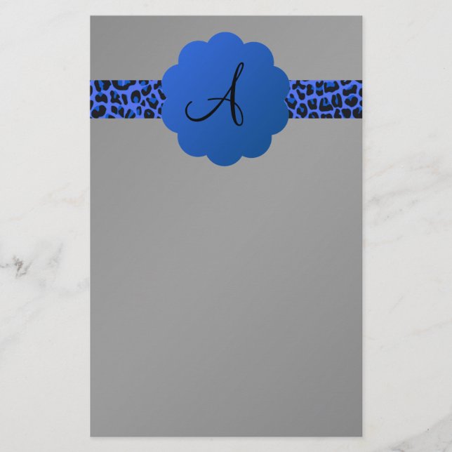 Blaues Leopardstreifenmonogramm Briefpapier (Vorderseite)