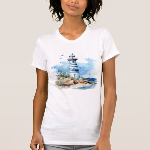 Blaues Leuchtturm für Wasserfarben T-Shirt