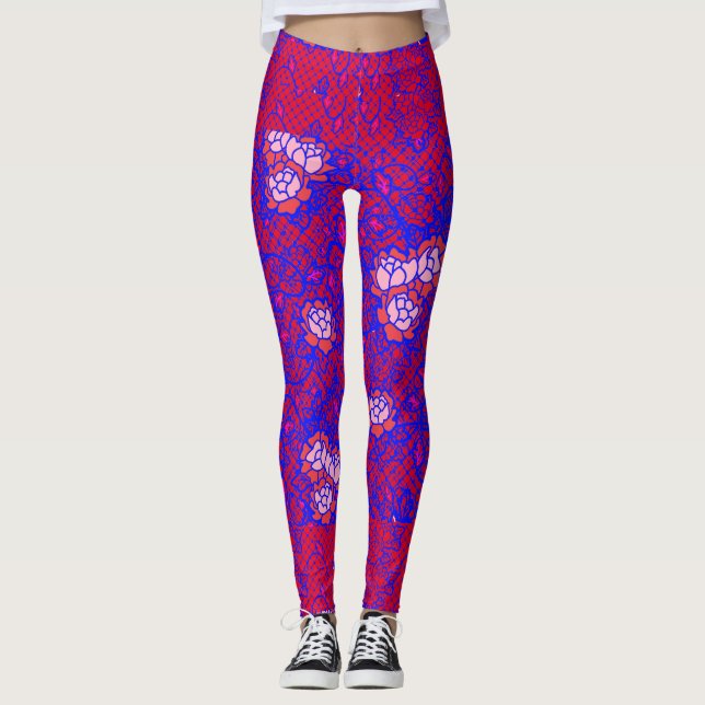 Blaues Luminous-Netz mit Blume 01 Rot BG Leggings (Vorderseite)