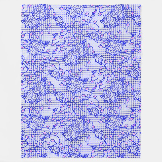 Blaues Luminous-Netz mit Blume 02b Offwhite BG Fleecedecke (Vorderseite)