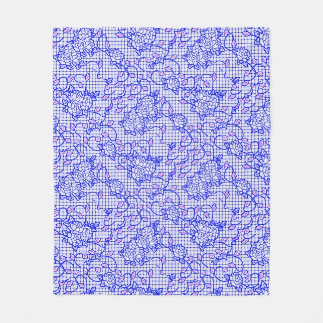 Blaues Luminous-Netz mit Blume 02b Offwhite BG Fleecedecke (Vorderseite)