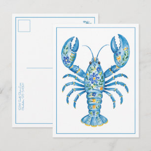 Blaues Mädchenhaftes Florales Hummer Personalisier Postkarte