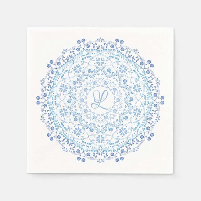 Blaues Mandala editierbare erste Papier Serviette (Vorderseite)