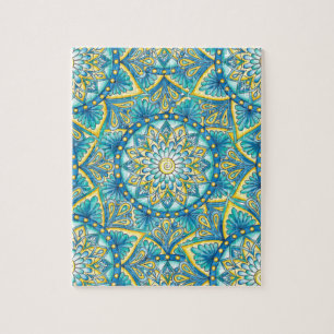 Blaues Mandala Gelbes Türkismuster Puzzle