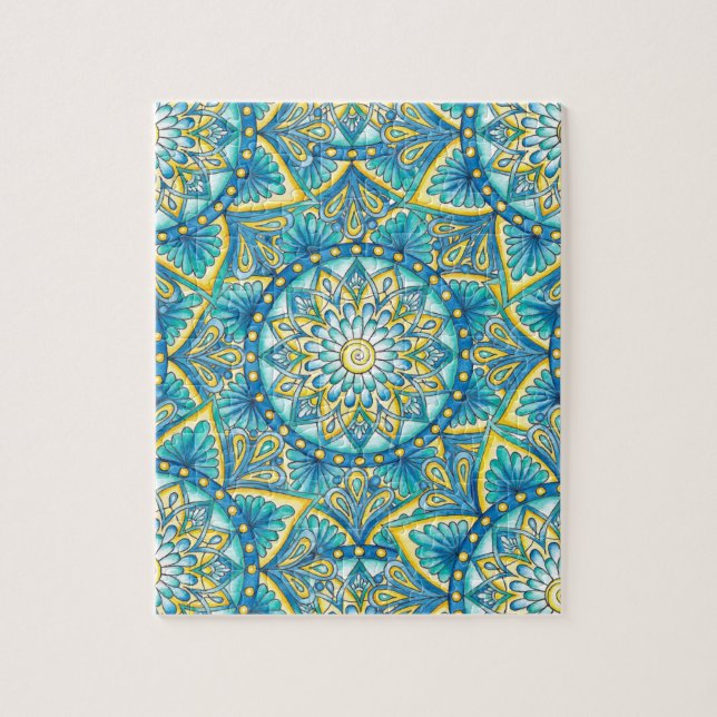 Blaues Mandala Gelbes Türkismuster Puzzle (Vertikal)