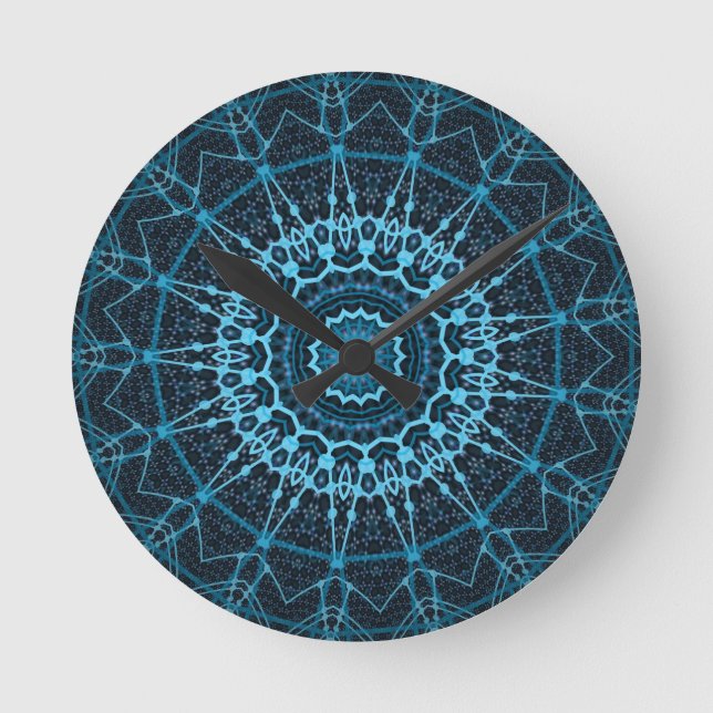 Blaues Mandala-Netz Retro Hippie Trippy Boho Chic Runde Wanduhr (Vorderseite)