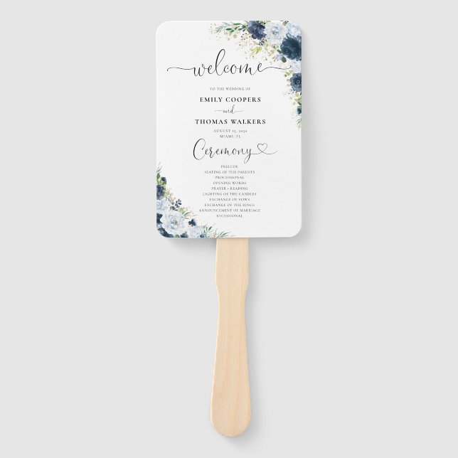 Blaues Marine-Blumen-Hochzeitsprogramm-Handfächer Fächer (Vorderseite)