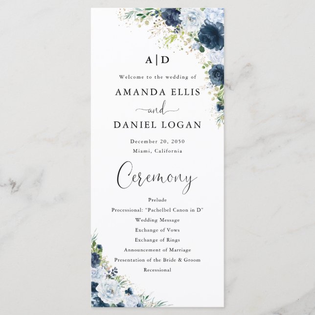 Blaues Marine-Blumen-Hochzeitsprogramm Programm (Vorderseite)