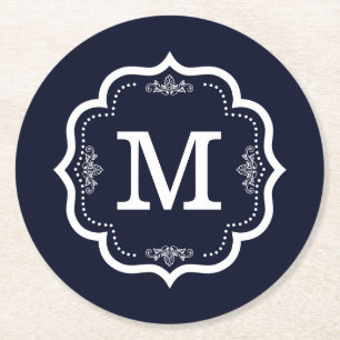 Blaues Marine- Monogramm Runder Pappuntersetzer