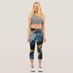 Blaues Marmormuster mit Gold Capri Leggings