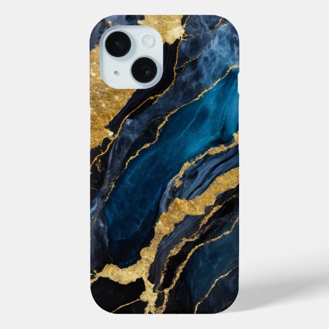 Blaues Marmormuster mit Gold Case-Mate iPhone Hülle (Rückseite)