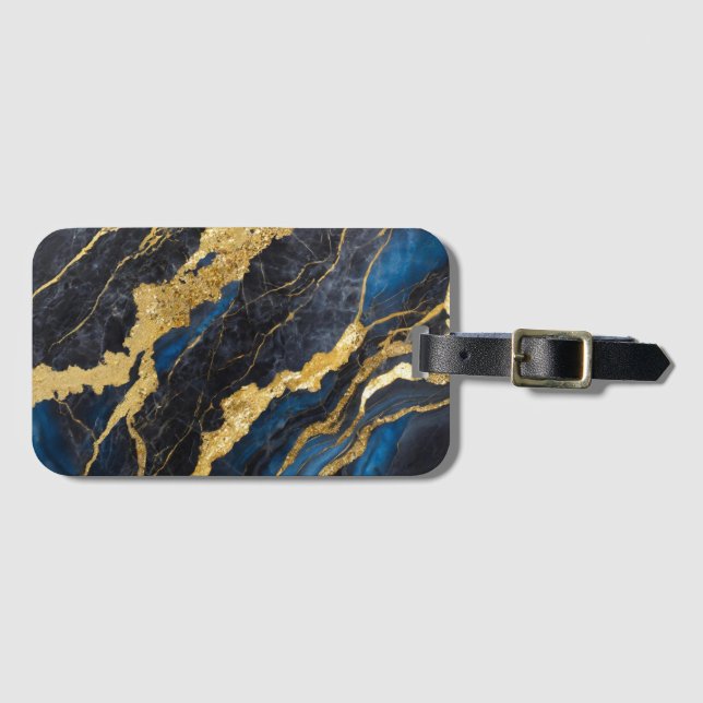 Blaues Marmormuster mit Gold Gepäckanhänger (Vorderseite (Horizontal))