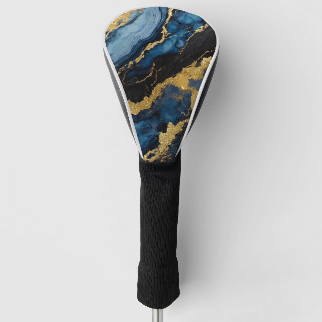Blaues Marmormuster mit Gold Golf Headcover (Vorderseite)