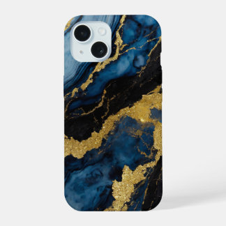Blaues Marmormuster mit Gold iPhone 15 Hülle