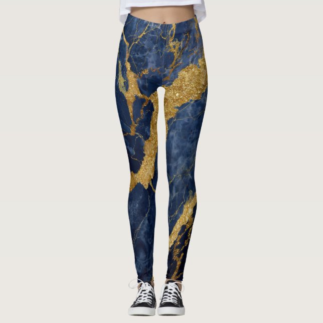 Blaues Marmormuster mit Gold Leggings (Vorderseite)