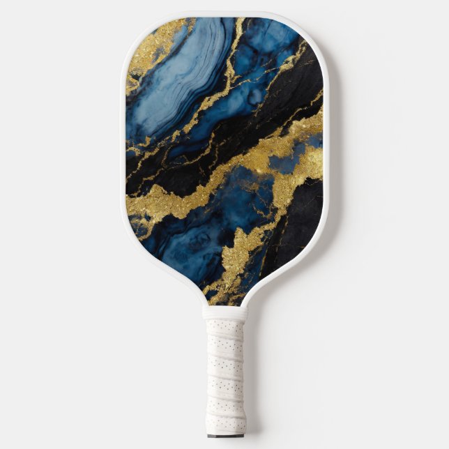 Blaues Marmormuster mit Gold Pickleball Schläger (Vorderseite)