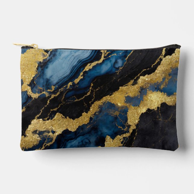 Blaues Marmormuster mit Gold Zubehörtasche (Vorderseite)
