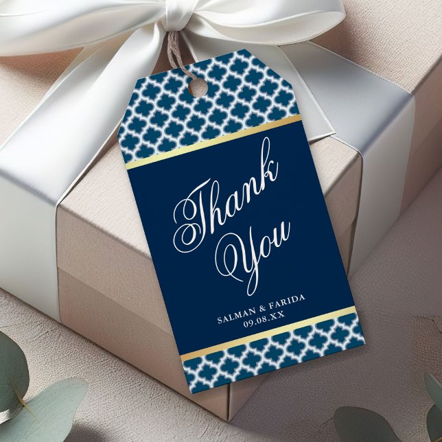 Blaues marokkanisches Quatrefolienmuster Geschenkanhänger (Von Creator hochgeladen)