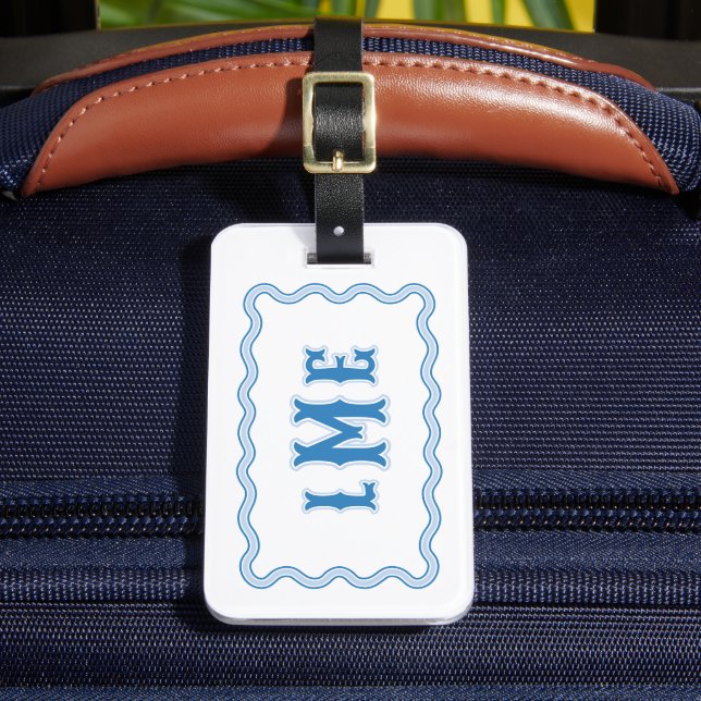 Blaues Maßgeschneidertes Monogramm mit Wellensaum Gepäckanhänger (Vorderseite Insitu 2)