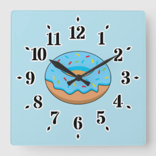 Blaues Mattiertes Donut mit Sprinklen Cartoon Quadratische Wanduhr