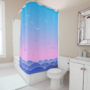 Blaues Meer, fliegende Möwen, Morgengrauen Duschvorhang