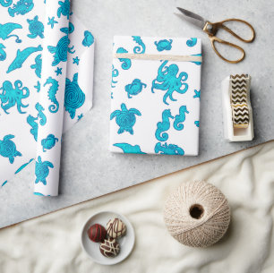 Blaues Meer-Lebens-Muster auf Weiß Geschenkpapier