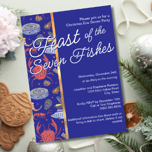Blaues Meeresfrüchte-Fest der 7 Fische Weihnachtsf Einladung