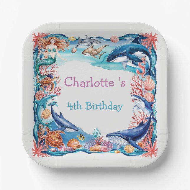 Blaues Meerjungfisch Geburtstag Pappteller (Vorderseite)