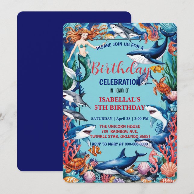 Blaues Meerjungfisch Geburtstag Save The Date (Vorne/Hinten)