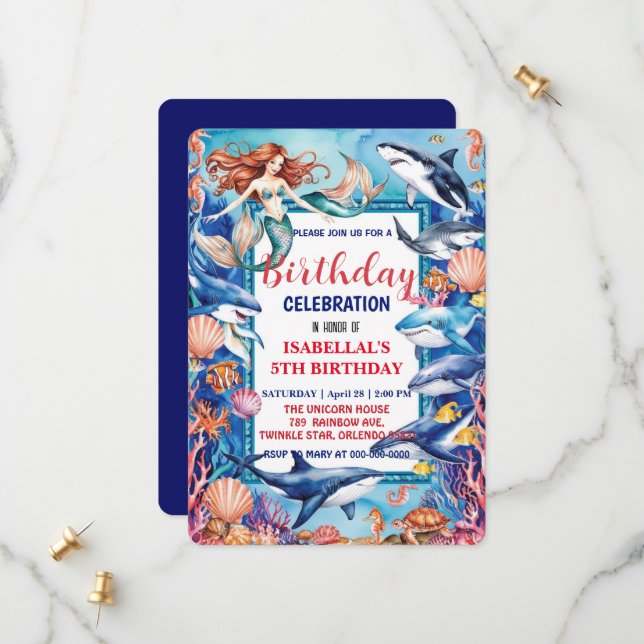 Blaues Meerjungfisch Geburtstag Save The Date (Vorderseite/Rückseite Beispiel)