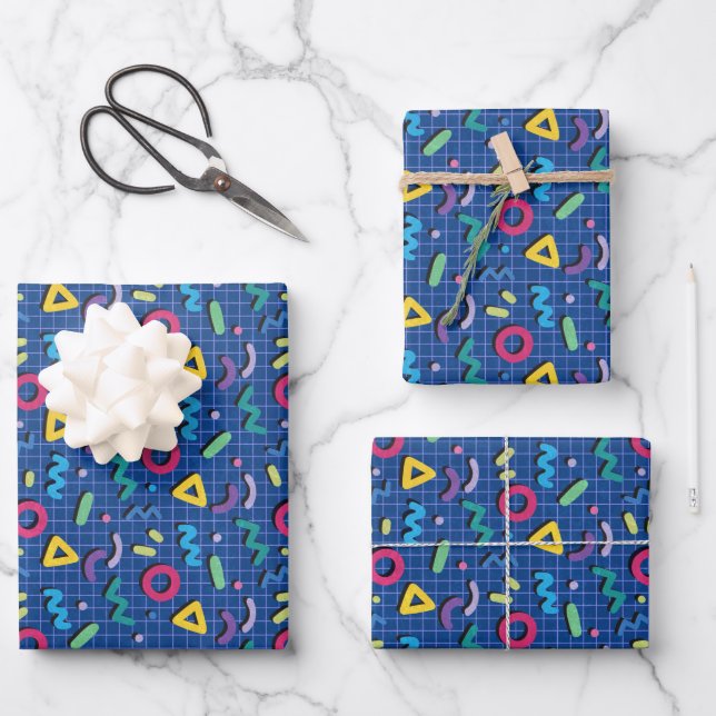 Blaues Memphis-Muster Geschenkpapier Set (Vorderseite)