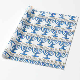 Blaues Menorah Chanukka Packpapier