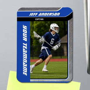 Blaues Metall-Lacrosse-Spieler-Foto Magnet