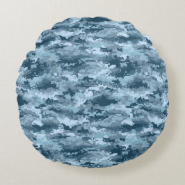 Blaues militärisches pixeliges Tarnmuster Rundes Kissen