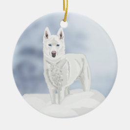 Blaues mit Augen, weißes Husky im Schnee Keramik Ornament