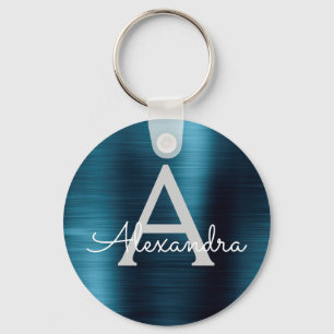 Blaues modernes faux Edelstahl-Monogramm Schlüsselanhänger
