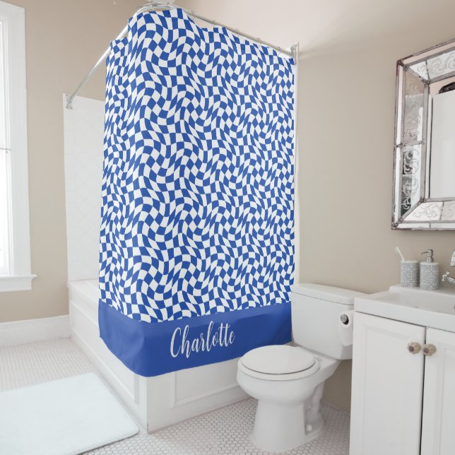 Blaues modernes Retro-Swirl-kariertes individuelle Duschvorhang (Beispiel)