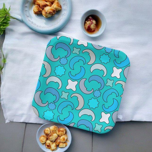 Blaues Mond-Wolkenmuster Pappteller (half moon night party,birthday,wedding,baby shower,special occasion event paper plate party supplies)