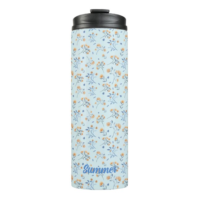 Blaues Monogramm florales Muster Thermosbecher (Vorderseite)
