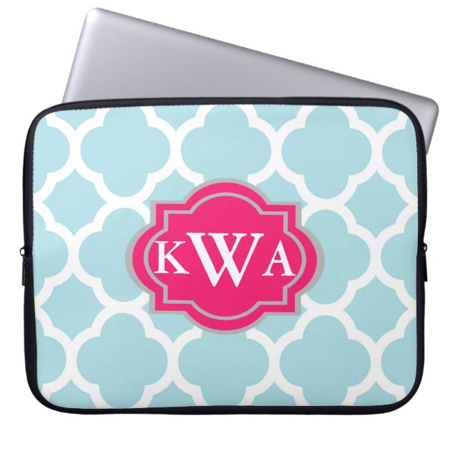 Blaues Monogramm marokkanisches Quatrefolienmuster Laptopschutzhülle (Vorderseite)