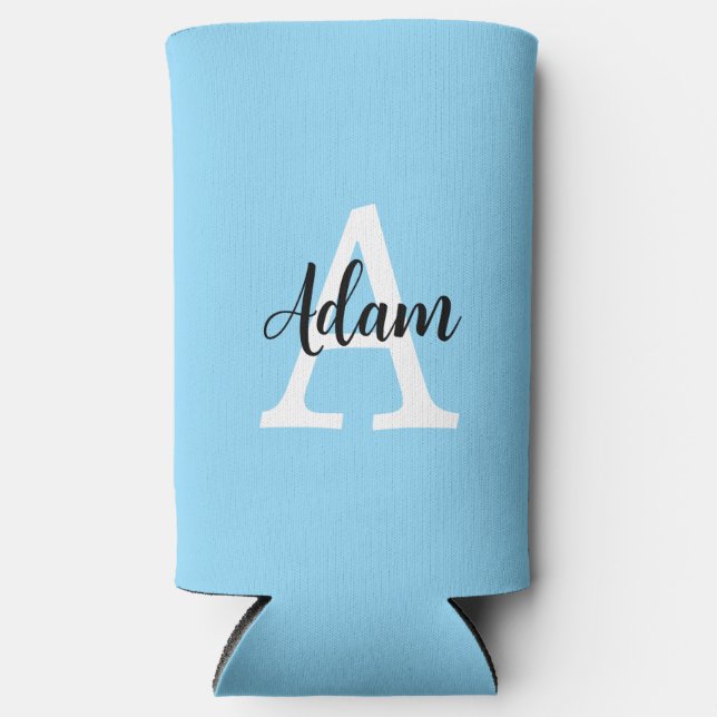 Blaues Monogramm-Name-Script Personalisiertes Desi Selters Dosenkühler (Vorderseite)