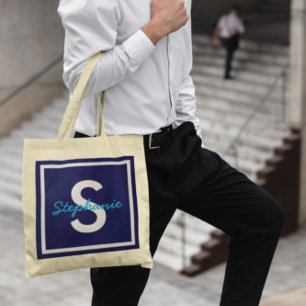 Blaues Monogramm personalisiert Tragetasche
