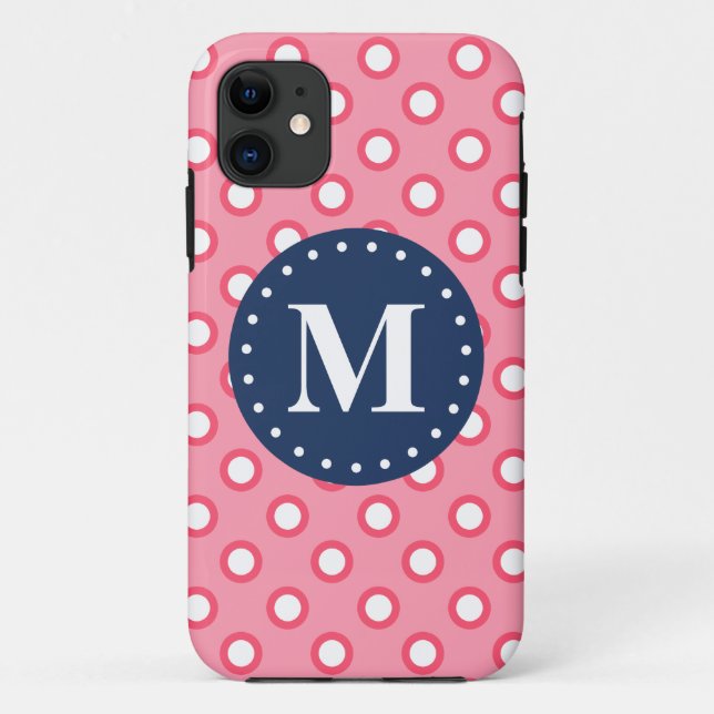 Blaues Monogramm Pink Polka Dots Muster Case-Mate iPhone Hülle (Rückseite)